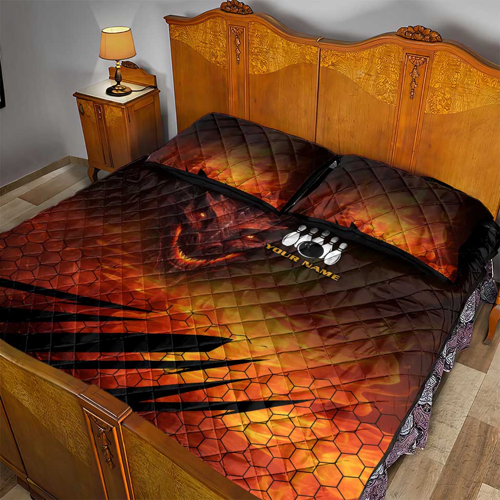Custom Fiery Dragon Bowling Quilt Bed Set with Flaming Ball and Hexagon Flame Pattern - Wonder Print Shop