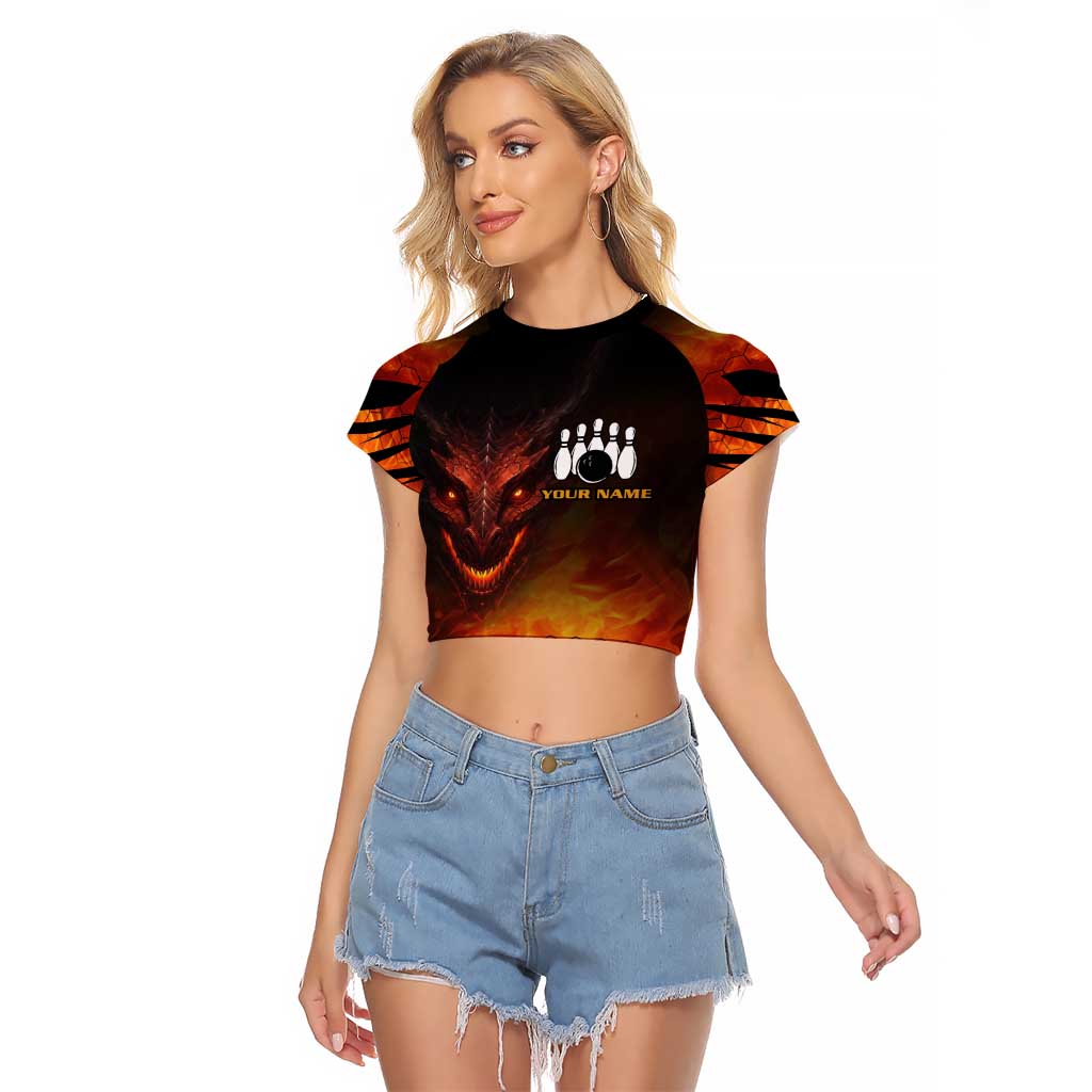 Custom Fiery Dragon Bowling Raglan Cropped T Shirt with Flaming Ball and Hexagon Flame Pattern - Wonder Print Shop