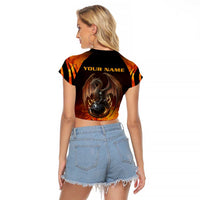 Custom Fiery Dragon Bowling Raglan Cropped T Shirt with Flaming Ball and Hexagon Flame Pattern - Wonder Print Shop