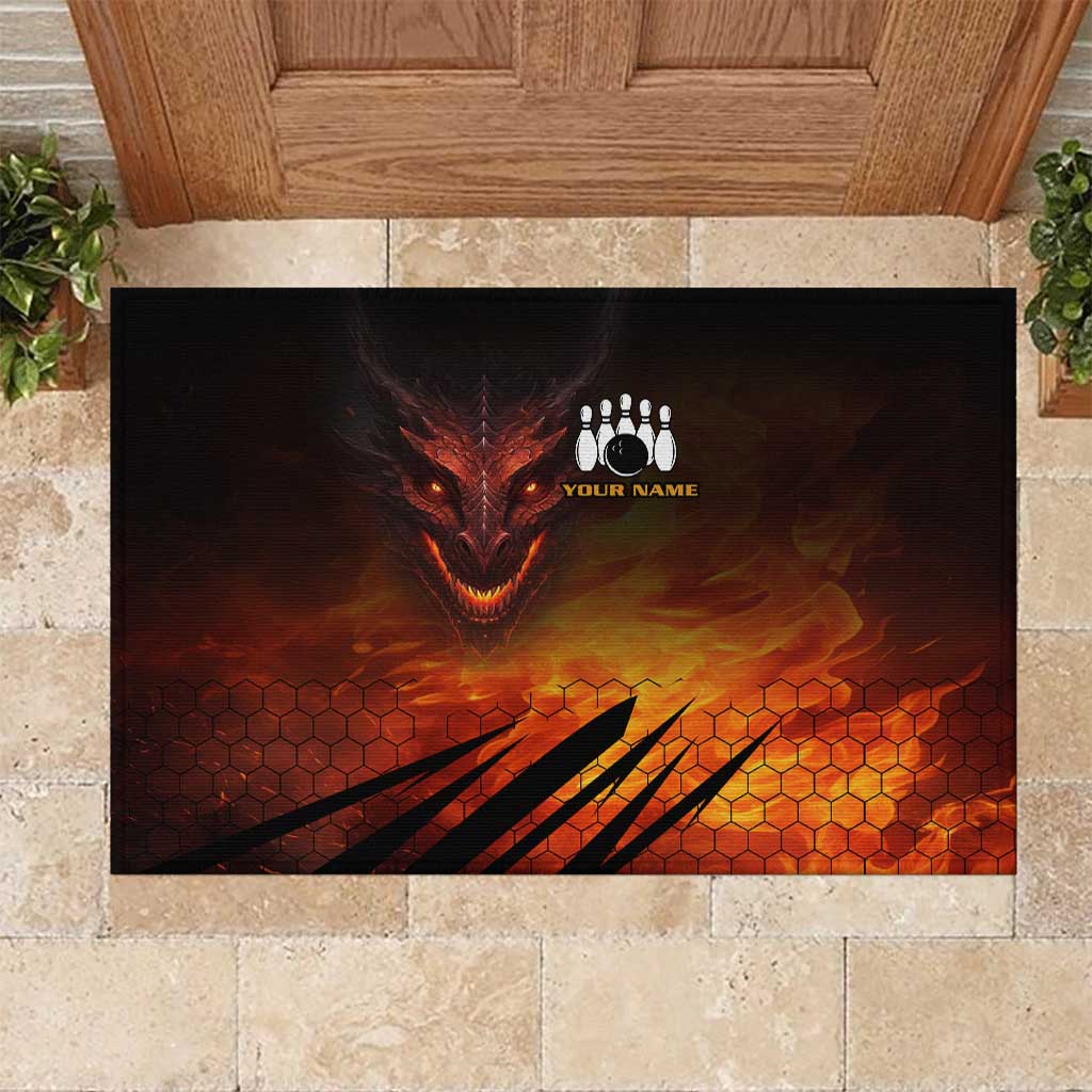 Custom Fiery Dragon Bowling Rubber Doormat with Flaming Ball and Hexagon Flame Pattern - Wonder Print Shop