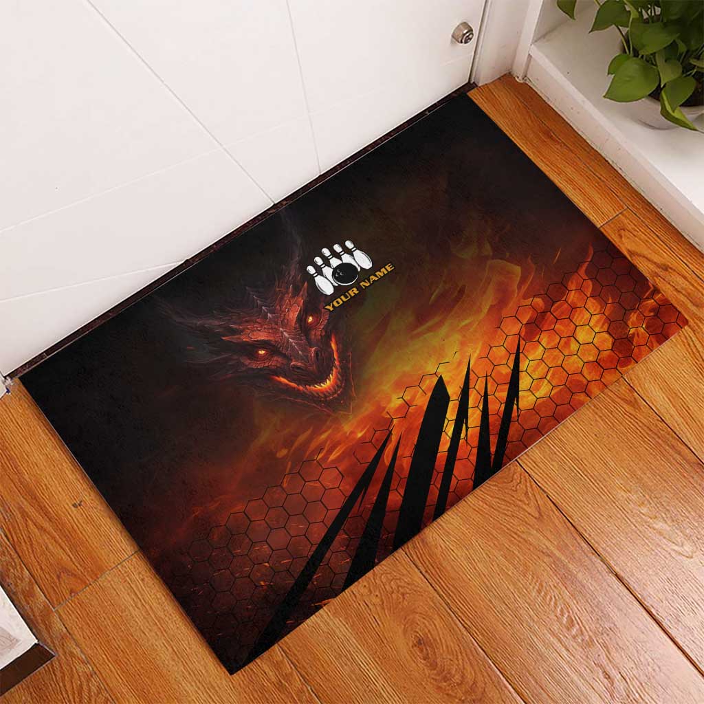 Custom Fiery Dragon Bowling Rubber Doormat with Flaming Ball and Hexagon Flame Pattern - Wonder Print Shop