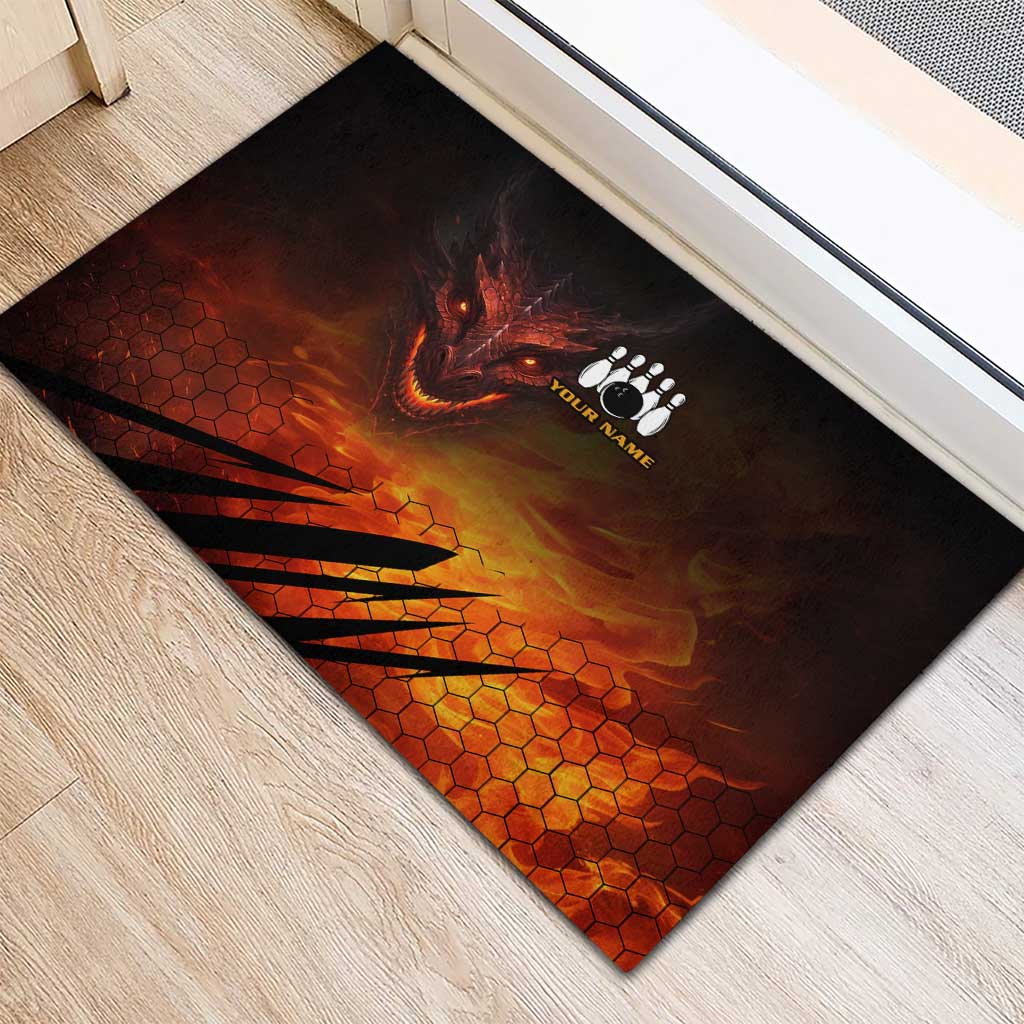 Custom Fiery Dragon Bowling Rubber Doormat with Flaming Ball and Hexagon Flame Pattern - Wonder Print Shop