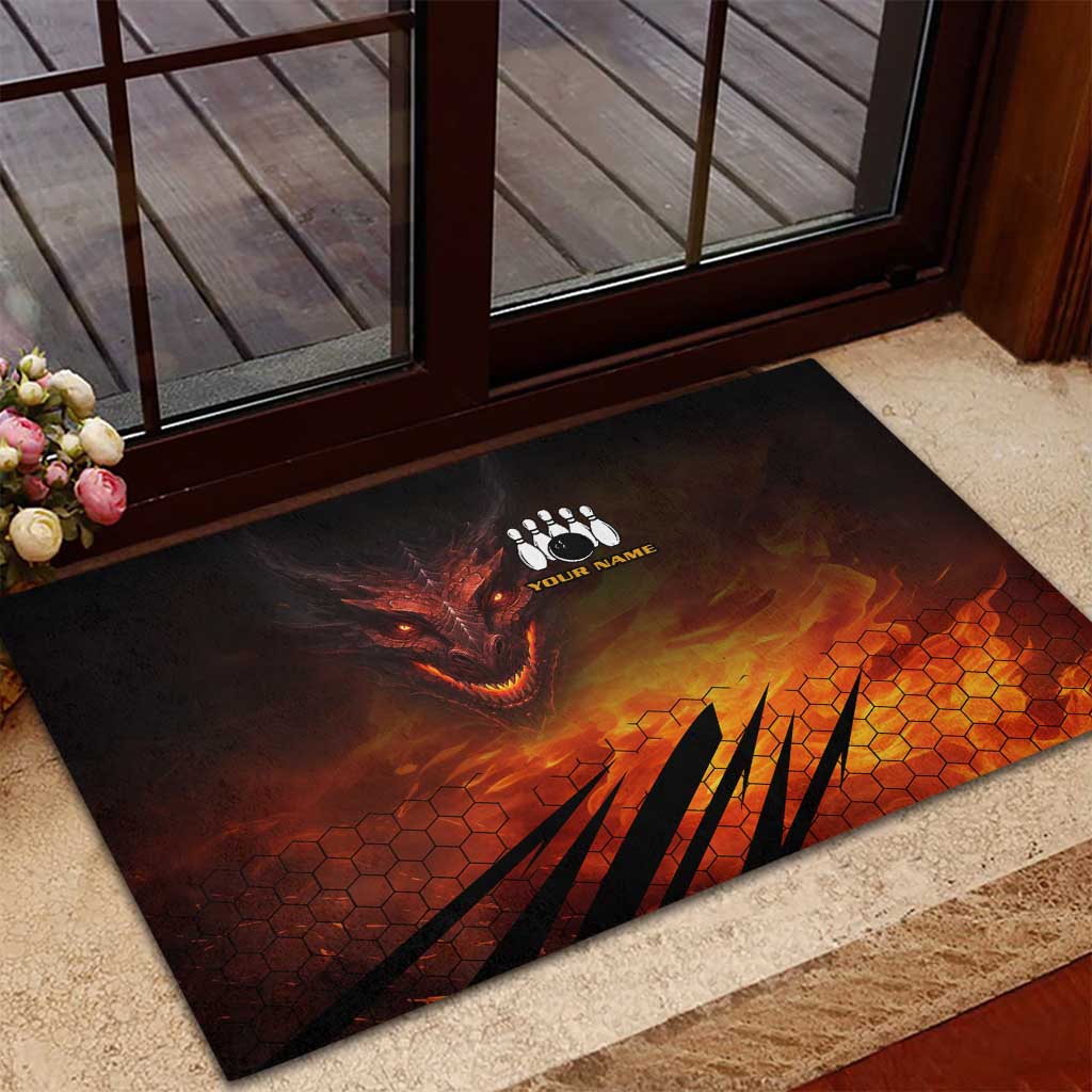 Custom Fiery Dragon Bowling Rubber Doormat with Flaming Ball and Hexagon Flame Pattern - Wonder Print Shop