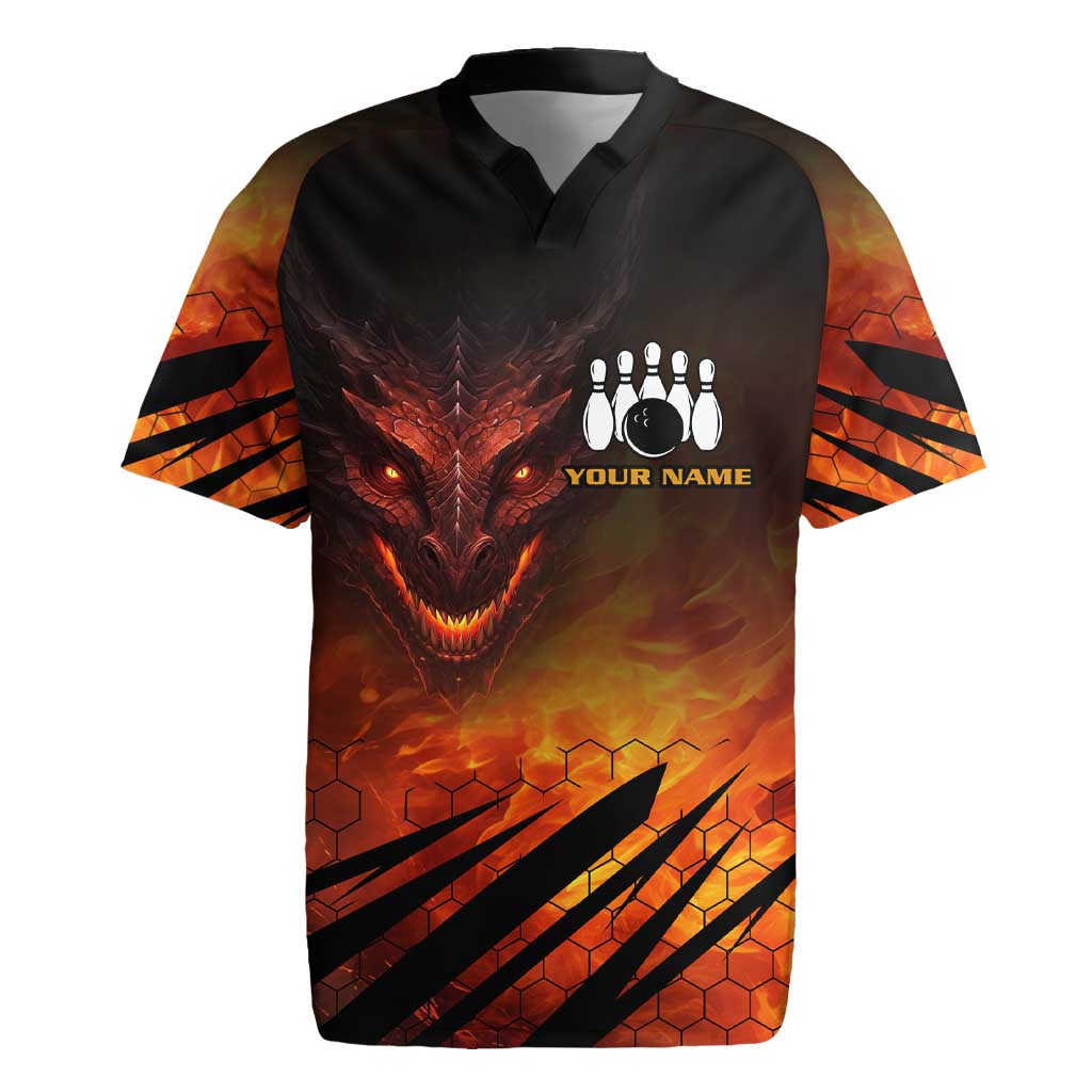 Custom Fiery Dragon Bowling Rugby Jersey with Flaming Ball and Hexagon Flame Pattern - Wonder Print Shop