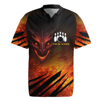 Custom Fiery Dragon Bowling Rugby Jersey with Flaming Ball and Hexagon Flame Pattern - Wonder Print Shop