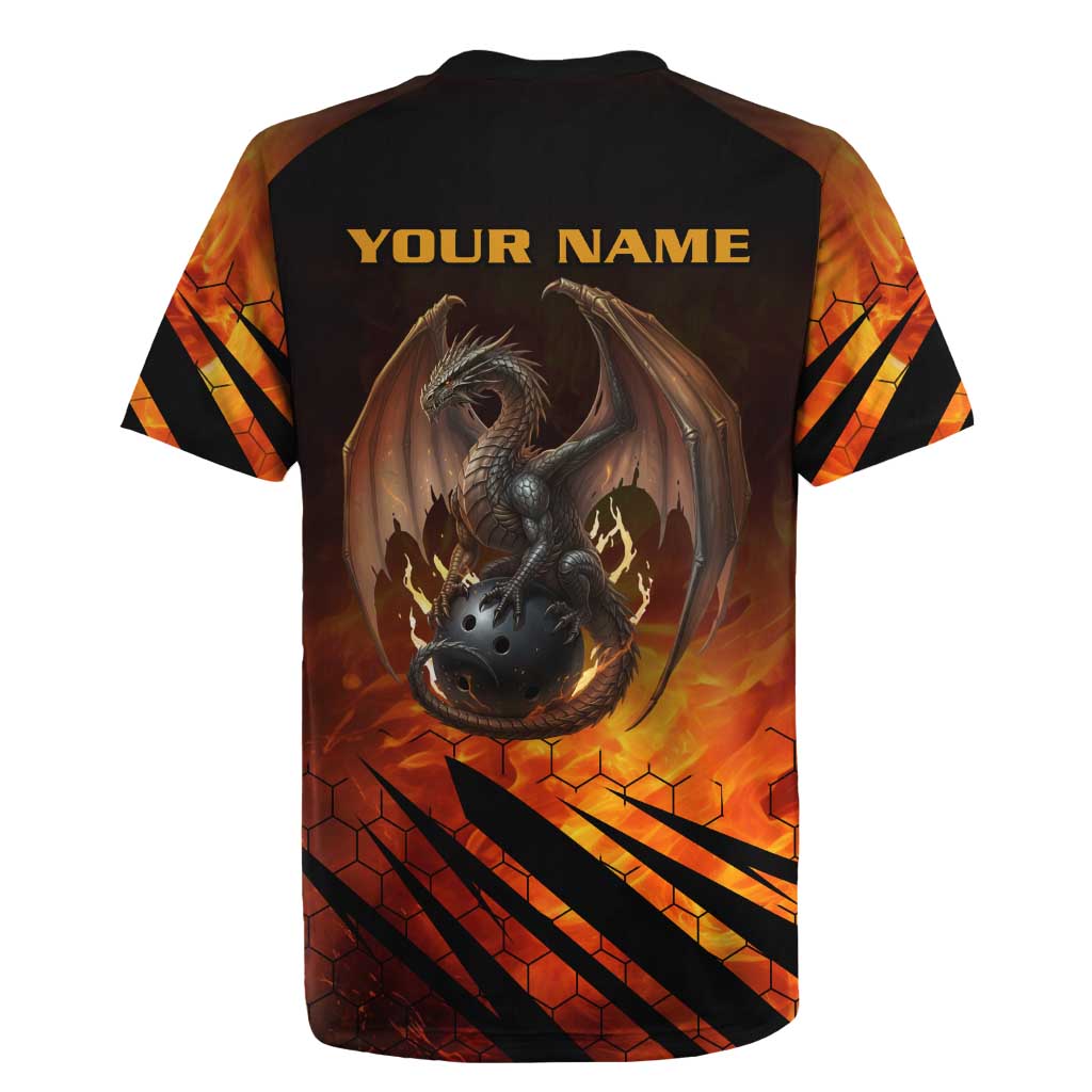 Custom Fiery Dragon Bowling Rugby Jersey with Flaming Ball and Hexagon Flame Pattern - Wonder Print Shop