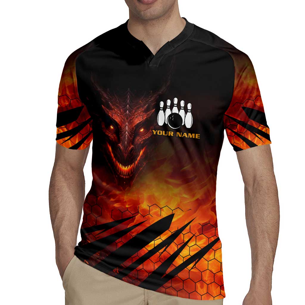 Custom Fiery Dragon Bowling Rugby Jersey with Flaming Ball and Hexagon Flame Pattern - Wonder Print Shop
