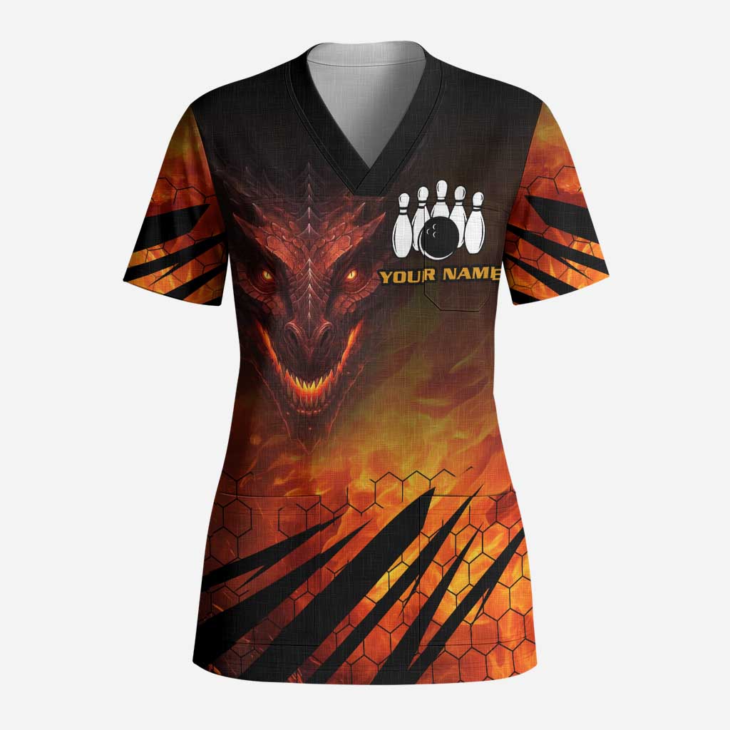 Custom Fiery Dragon Bowling Scrub Top with Flaming Ball and Hexagon Flame Pattern - Wonder Print Shop