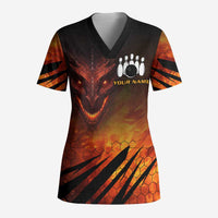 Custom Fiery Dragon Bowling Scrub Top with Flaming Ball and Hexagon Flame Pattern - Wonder Print Shop