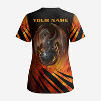 Custom Fiery Dragon Bowling Scrub Top with Flaming Ball and Hexagon Flame Pattern - Wonder Print Shop