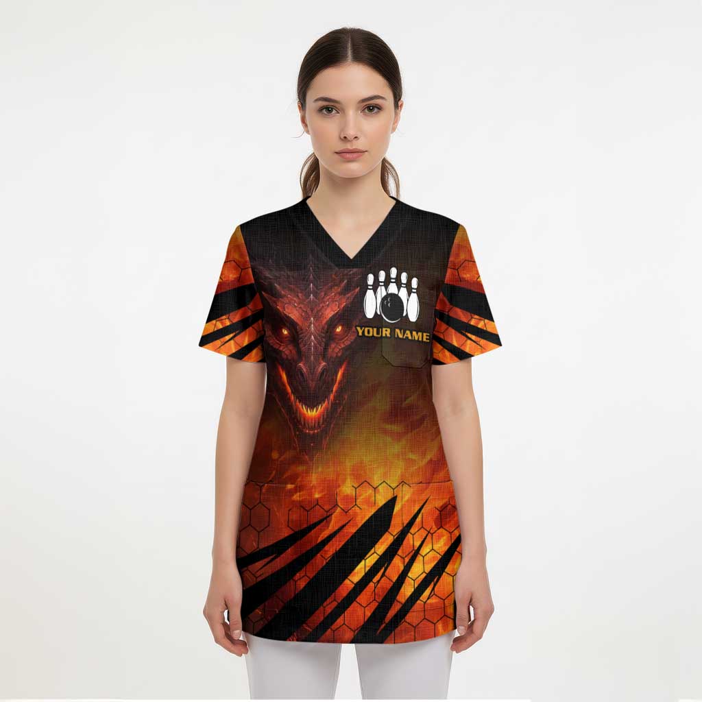 Custom Fiery Dragon Bowling Scrub Top with Flaming Ball and Hexagon Flame Pattern - Wonder Print Shop