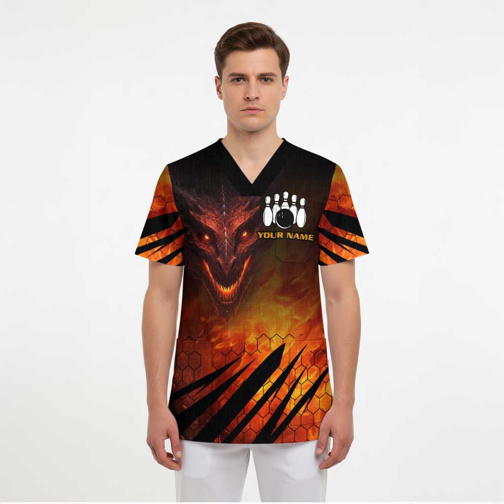 Custom Fiery Dragon Bowling Scrub Top with Flaming Ball and Hexagon Flame Pattern - Wonder Print Shop