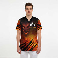 Custom Fiery Dragon Bowling Scrub Top with Flaming Ball and Hexagon Flame Pattern - Wonder Print Shop