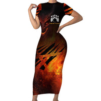 Custom Fiery Dragon Bowling Short Sleeve Bodycon Dress with Flaming Ball and Hexagon Flame Pattern - Wonder Print Shop