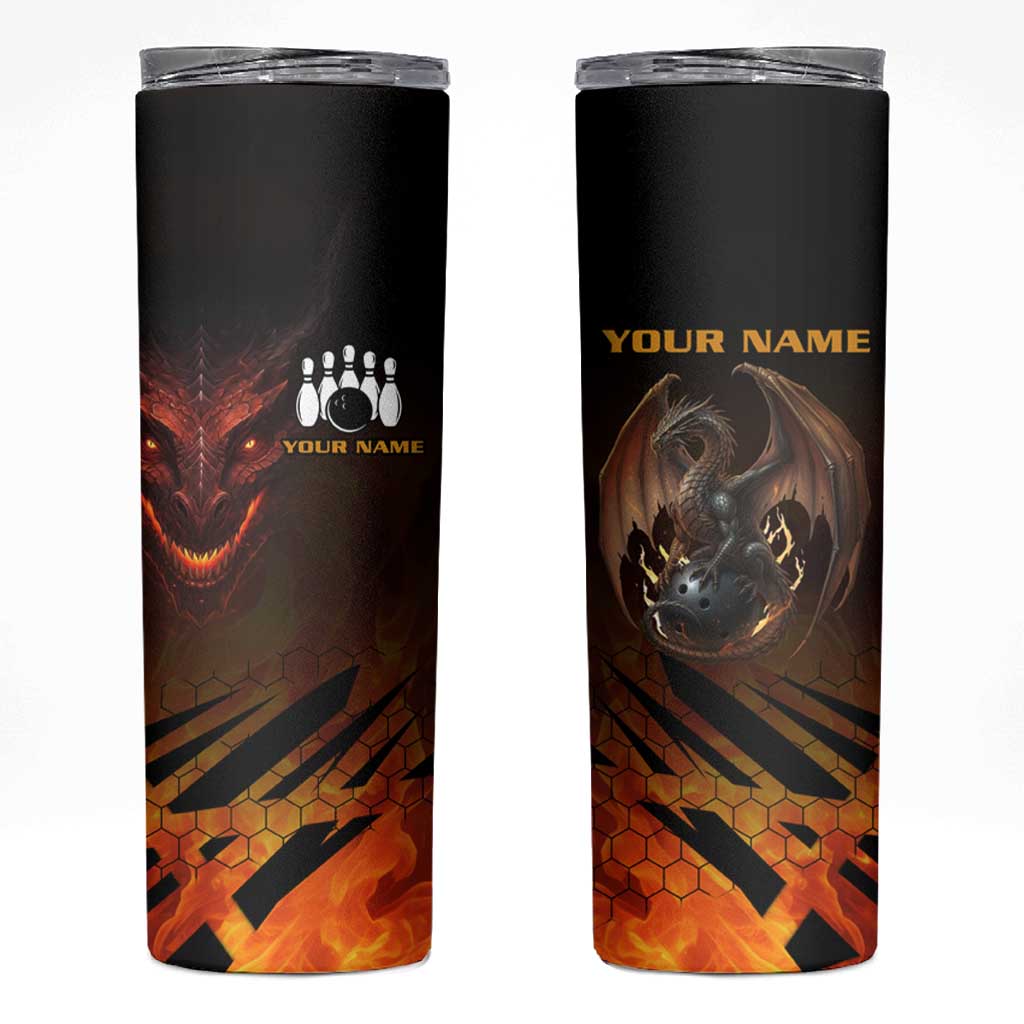 Custom Fiery Dragon Bowling Skinny Tumbler with Flaming Ball and Hexagon Flame Pattern - Wonder Print Shop