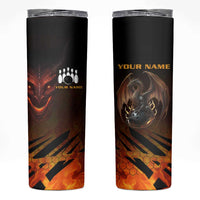 Custom Fiery Dragon Bowling Skinny Tumbler with Flaming Ball and Hexagon Flame Pattern - Wonder Print Shop
