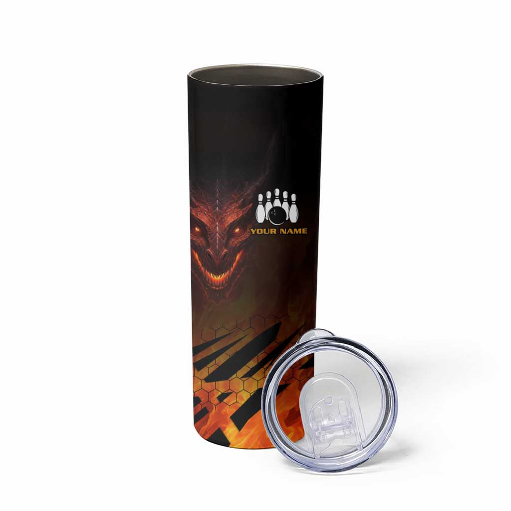 Custom Fiery Dragon Bowling Skinny Tumbler with Flaming Ball and Hexagon Flame Pattern - Wonder Print Shop