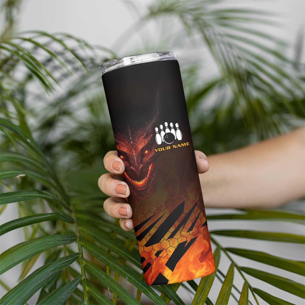 Custom Fiery Dragon Bowling Skinny Tumbler with Flaming Ball and Hexagon Flame Pattern - Wonder Print Shop