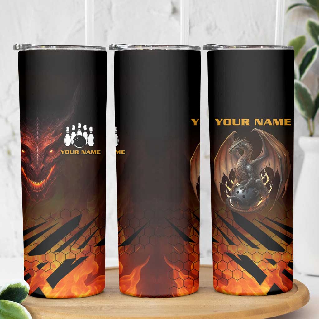 Custom Fiery Dragon Bowling Skinny Tumbler with Flaming Ball and Hexagon Flame Pattern - Wonder Print Shop