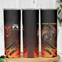 Custom Fiery Dragon Bowling Skinny Tumbler with Flaming Ball and Hexagon Flame Pattern - Wonder Print Shop