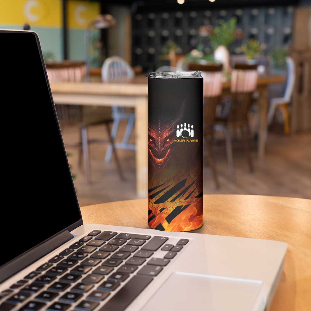 Custom Fiery Dragon Bowling Skinny Tumbler with Flaming Ball and Hexagon Flame Pattern - Wonder Print Shop