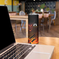 Custom Fiery Dragon Bowling Skinny Tumbler with Flaming Ball and Hexagon Flame Pattern - Wonder Print Shop