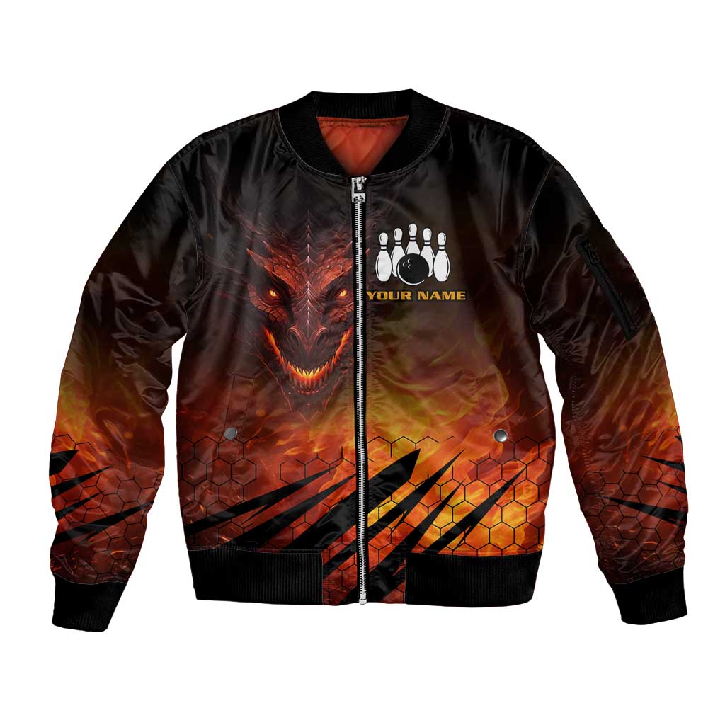 Custom Fiery Dragon Bowling Sleeve Zip Bomber Jacket with Flaming Ball and Hexagon Flame Pattern - Wonder Print Shop