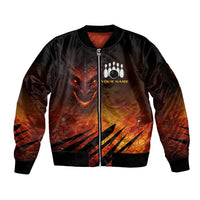 Custom Fiery Dragon Bowling Sleeve Zip Bomber Jacket with Flaming Ball and Hexagon Flame Pattern - Wonder Print Shop