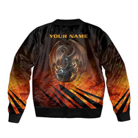 Custom Fiery Dragon Bowling Sleeve Zip Bomber Jacket with Flaming Ball and Hexagon Flame Pattern - Wonder Print Shop