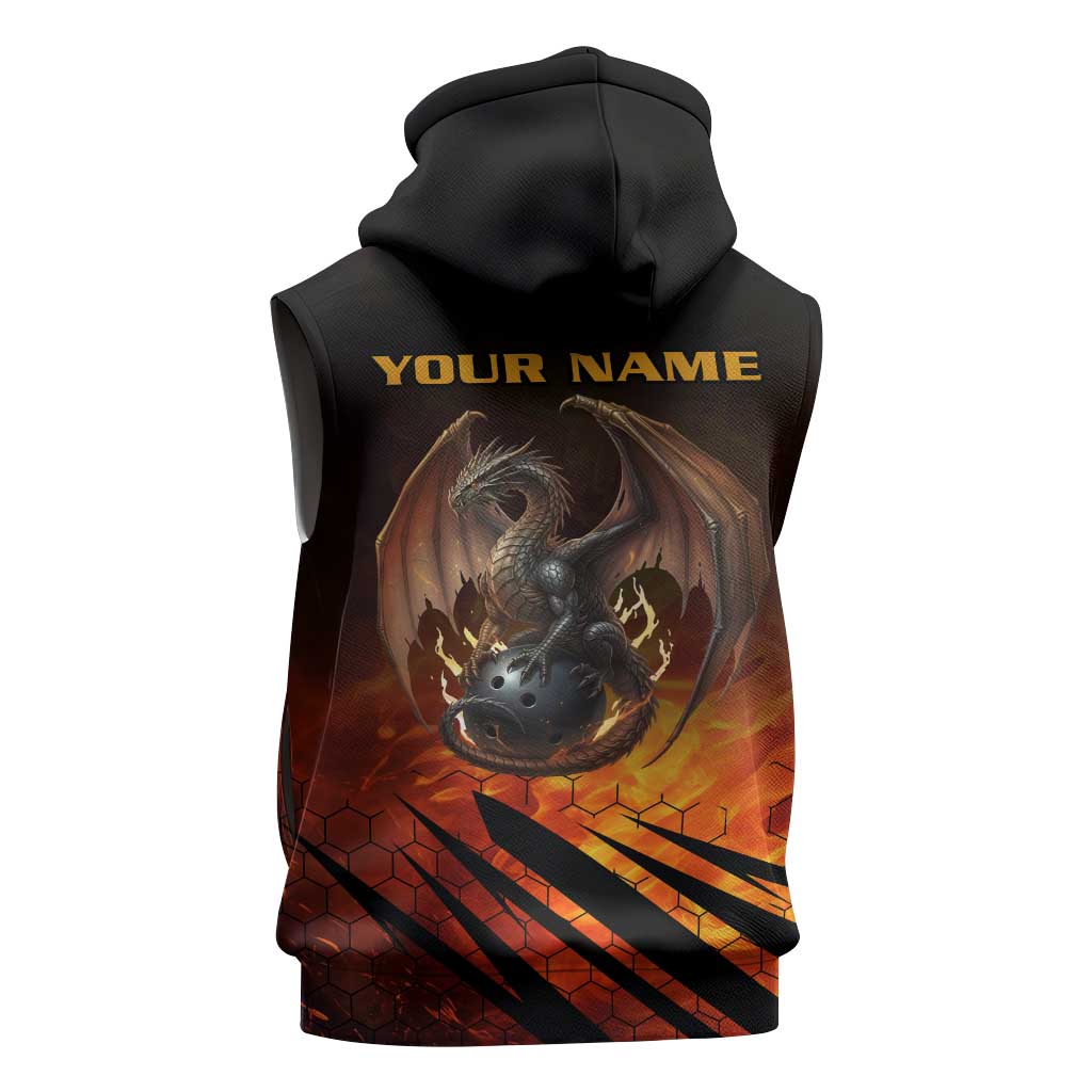 Custom Fiery Dragon Bowling Sleeveless Hoodie with Flaming Ball and Hexagon Flame Pattern - Wonder Print Shop