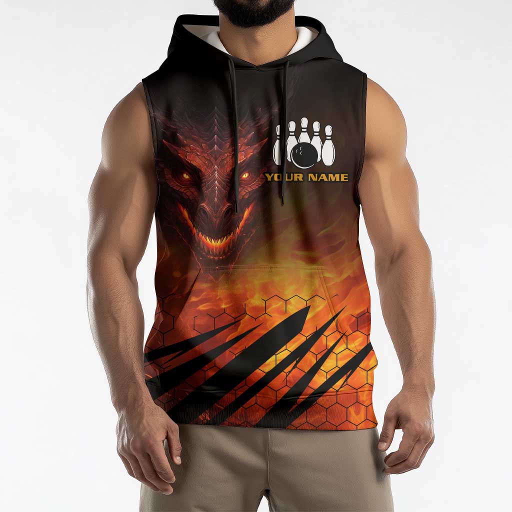Custom Fiery Dragon Bowling Sleeveless Hoodie with Flaming Ball and Hexagon Flame Pattern - Wonder Print Shop