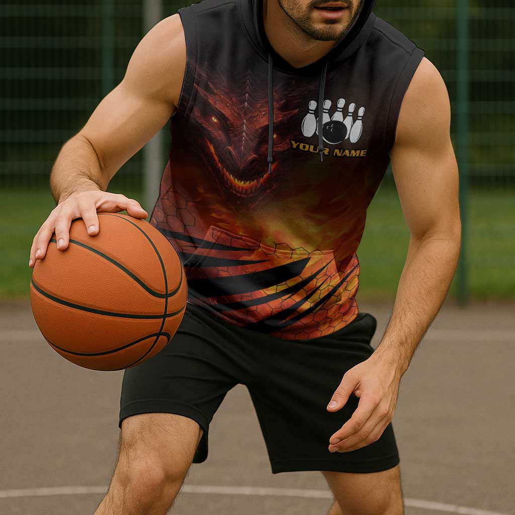 Custom Fiery Dragon Bowling Sleeveless Hoodie with Flaming Ball and Hexagon Flame Pattern - Wonder Print Shop