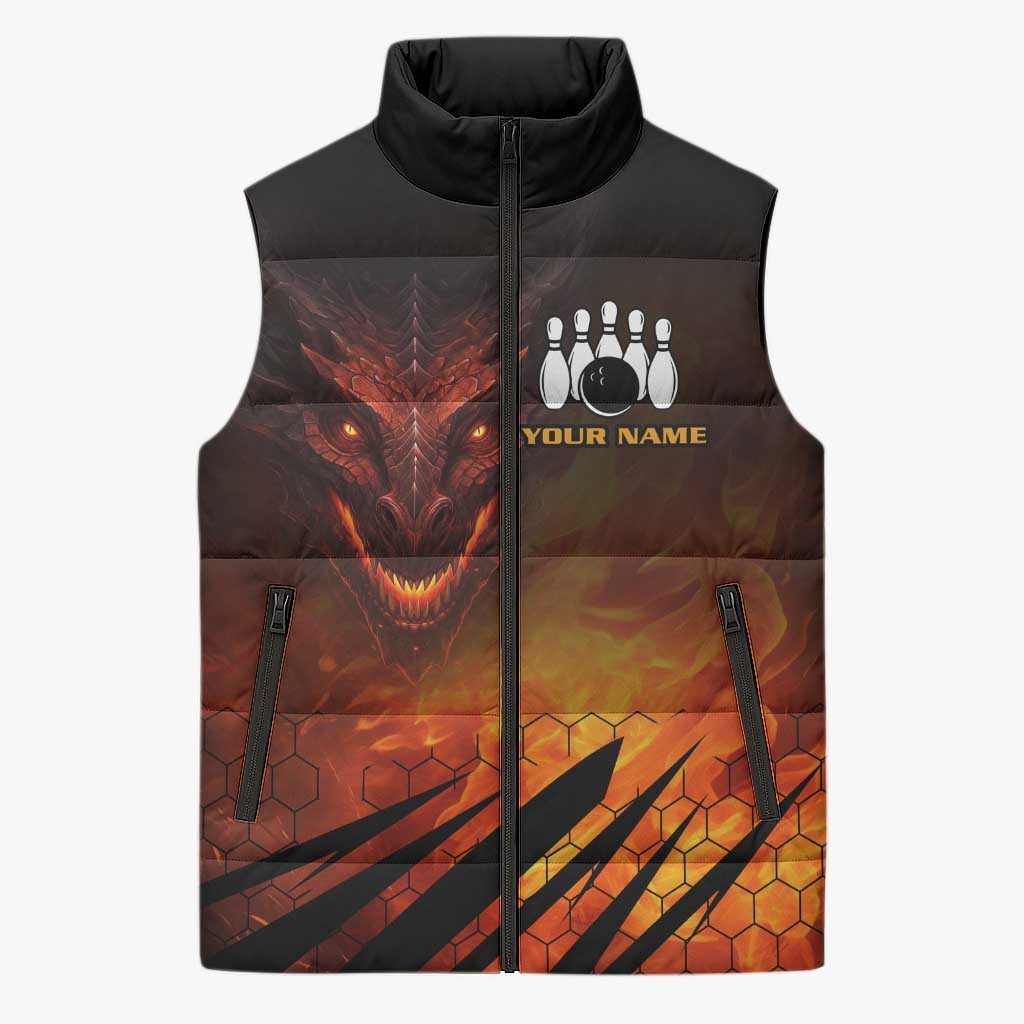 Custom Fiery Dragon Bowling Sleeveless Puffer Jacket with Flaming Ball and Hexagon Flame Pattern - Wonder Print Shop