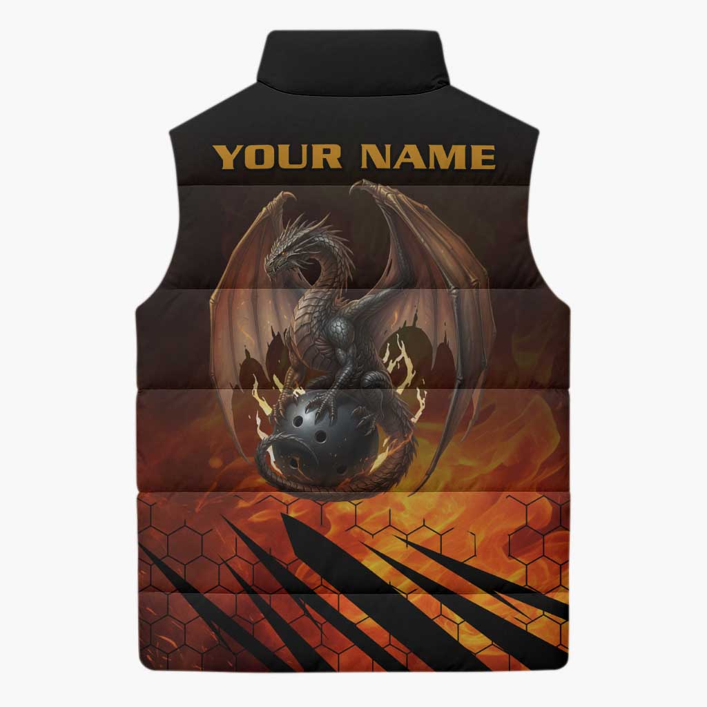 Custom Fiery Dragon Bowling Sleeveless Puffer Jacket with Flaming Ball and Hexagon Flame Pattern - Wonder Print Shop