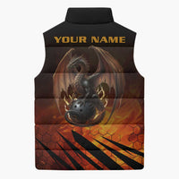 Custom Fiery Dragon Bowling Sleeveless Puffer Jacket with Flaming Ball and Hexagon Flame Pattern - Wonder Print Shop