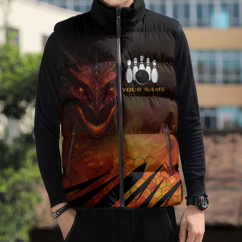 Custom Fiery Dragon Bowling Sleeveless Puffer Jacket with Flaming Ball and Hexagon Flame Pattern - Wonder Print Shop