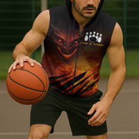 Custom Fiery Dragon Bowling Sleeveless Zip Hoodie with Flaming Ball and Hexagon Flame Pattern - Wonder Print Shop