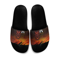 Custom Fiery Dragon Bowling Slide Sandals with Flaming Ball and Hexagon Flame Pattern - Wonder Print Shop