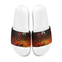 Custom Fiery Dragon Bowling Slide Sandals with Flaming Ball and Hexagon Flame Pattern - Wonder Print Shop