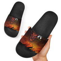 Custom Fiery Dragon Bowling Slide Sandals with Flaming Ball and Hexagon Flame Pattern - Wonder Print Shop