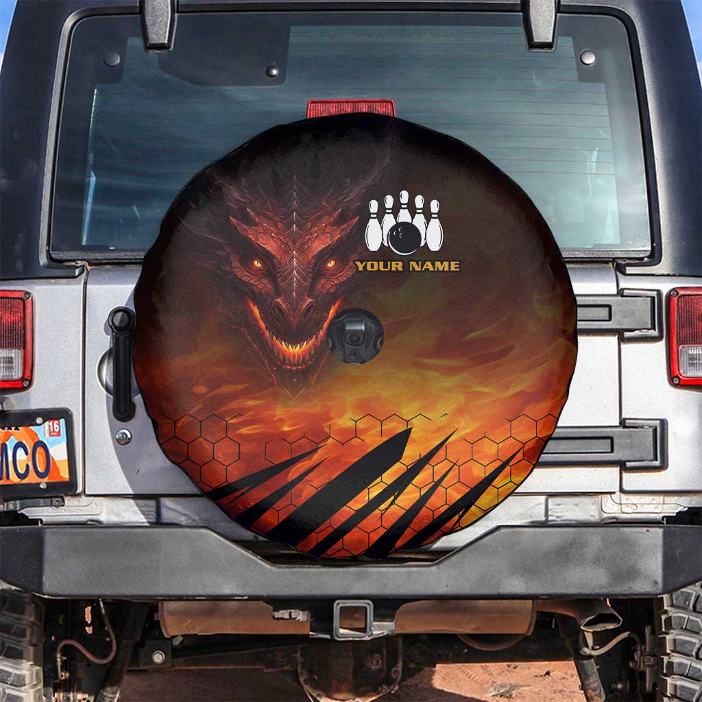 Custom Fiery Dragon Bowling Spare Tire Cover with Flaming Ball and Hexagon Flame Pattern - Wonder Print Shop