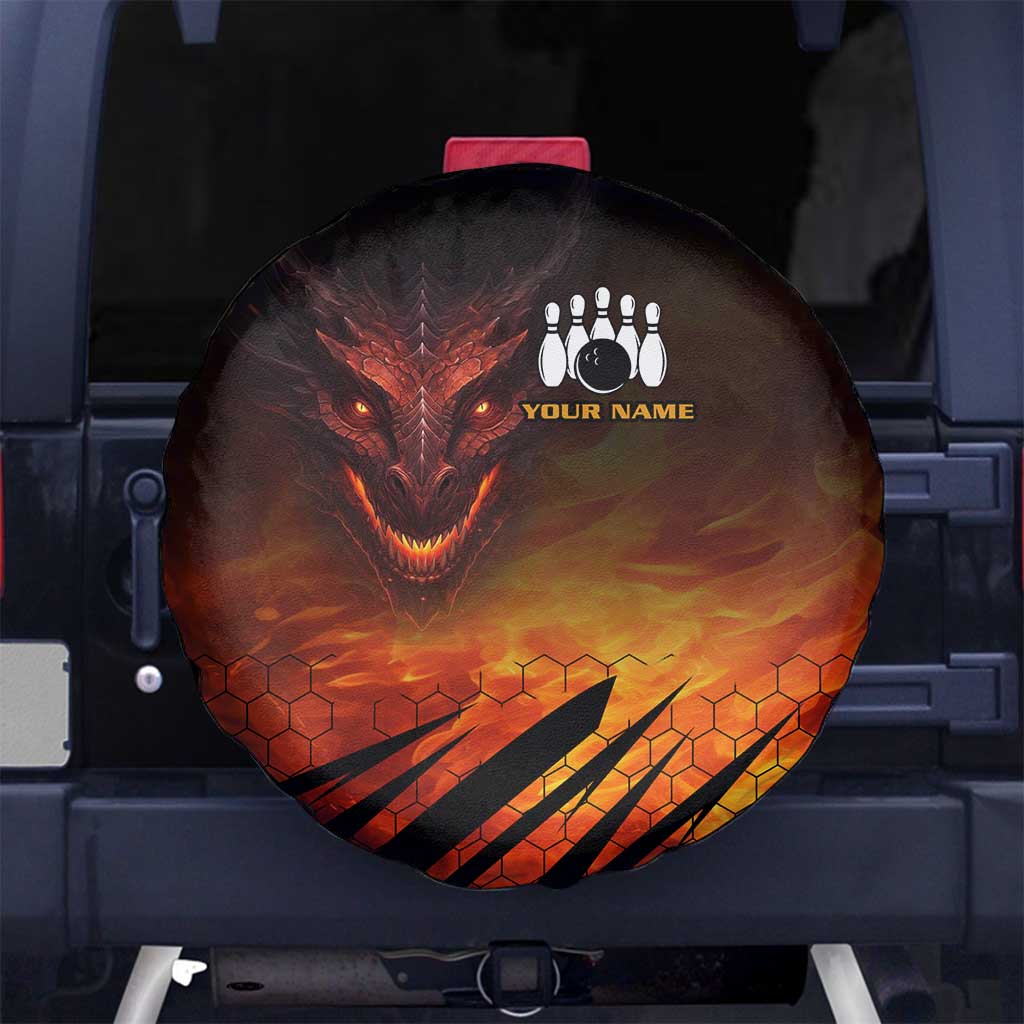 Custom Fiery Dragon Bowling Spare Tire Cover with Flaming Ball and Hexagon Flame Pattern - Wonder Print Shop