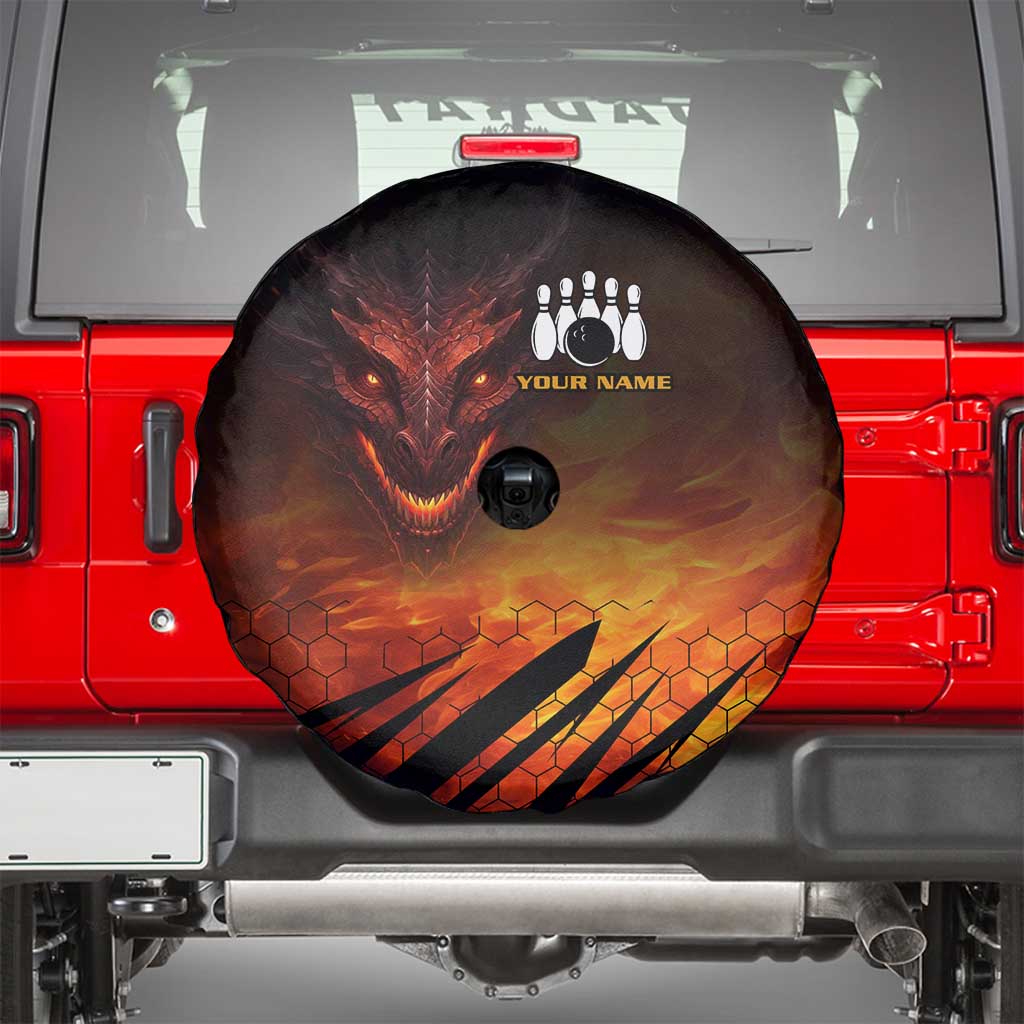 Custom Fiery Dragon Bowling Spare Tire Cover with Flaming Ball and Hexagon Flame Pattern - Wonder Print Shop