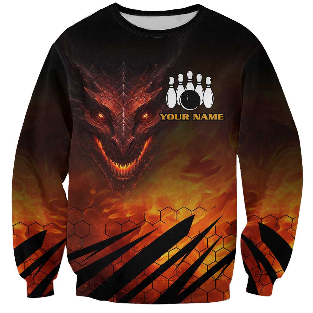 Custom Fiery Dragon Bowling Sweatshirt with Flaming Ball and Hexagon Flame Pattern - Wonder Print Shop
