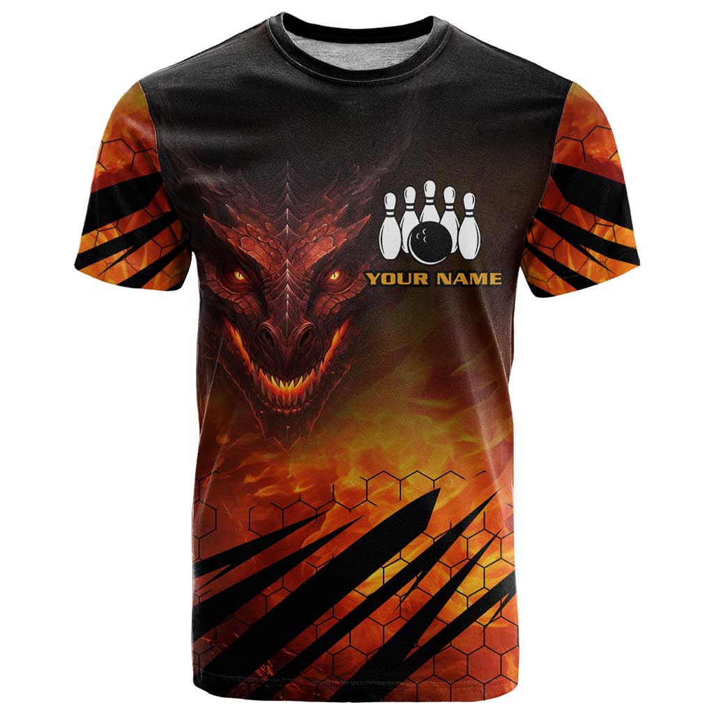 Custom Fiery Dragon Bowling T Shirt with Flaming Ball and Hexagon Flame Pattern - Wonder Print Shop