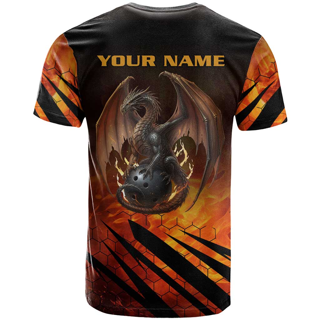 Custom Fiery Dragon Bowling T Shirt with Flaming Ball and Hexagon Flame Pattern - Wonder Print Shop