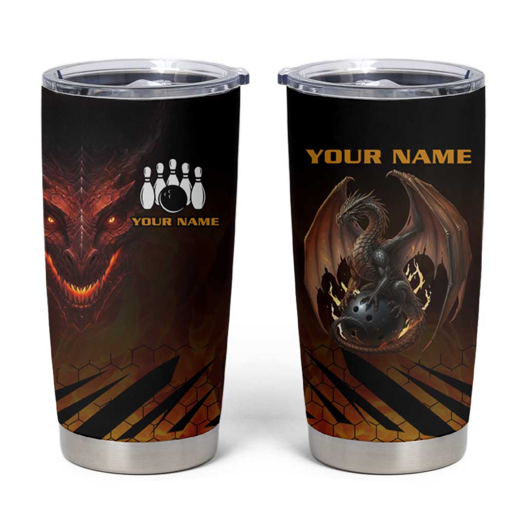 Custom Fiery Dragon Bowling Tumbler Cup with Flaming Ball and Hexagon Flame Pattern - Wonder Print Shop