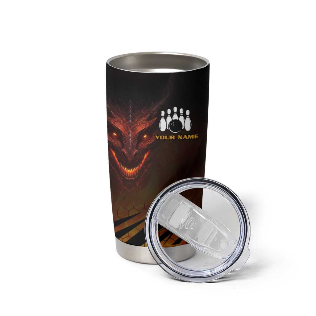 Custom Fiery Dragon Bowling Tumbler Cup with Flaming Ball and Hexagon Flame Pattern - Wonder Print Shop
