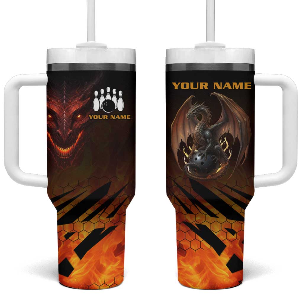 Custom Fiery Dragon Bowling Tumbler With Handle with Flaming Ball and Hexagon Flame Pattern - Wonder Print Shop