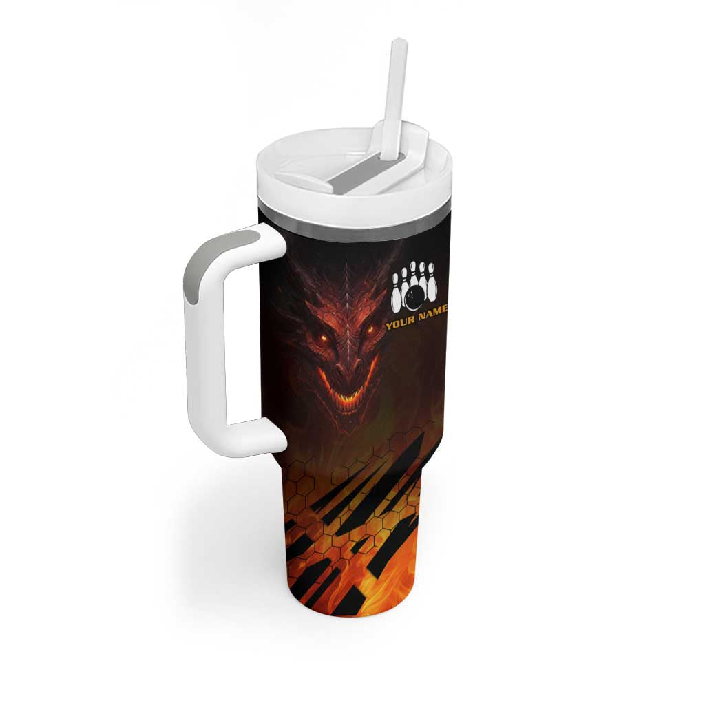Custom Fiery Dragon Bowling Tumbler With Handle with Flaming Ball and Hexagon Flame Pattern - Wonder Print Shop